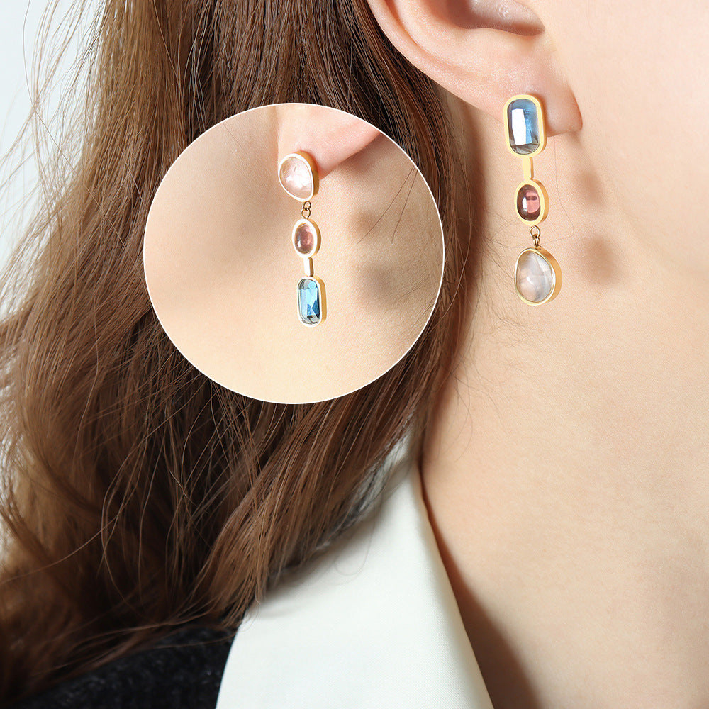 Colorful Gemstone Asymmetrical Dangle Earrings, 316L stainless steel wholesale jewelry