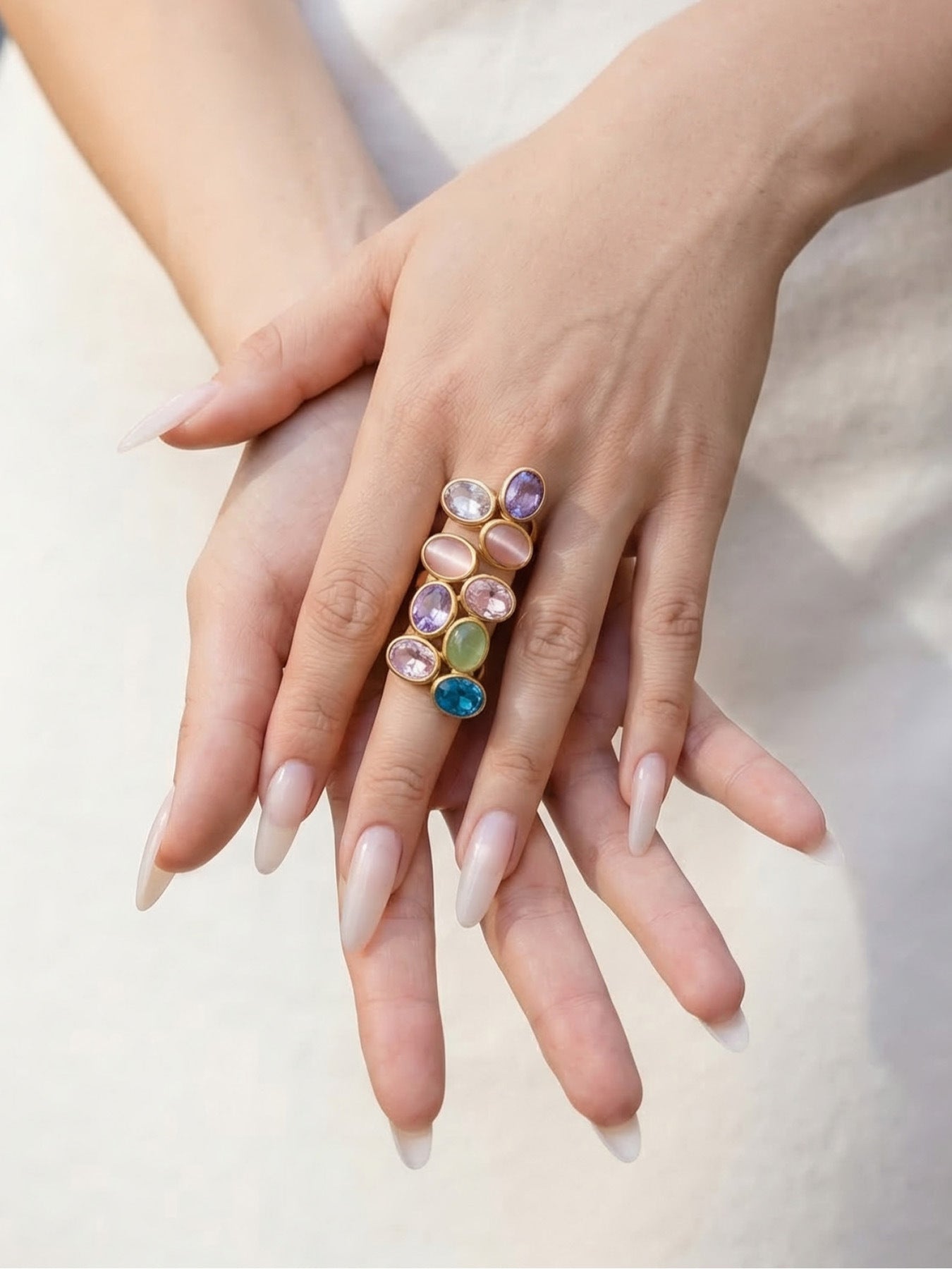 18K Gold PVD Multi-Color Crystal Rings close-up, tarnish-resistant stainless steel jewelry