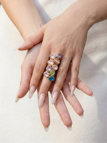 18K Gold PVD Multi-Color Crystal Rings close-up, tarnish-resistant stainless steel jewelry