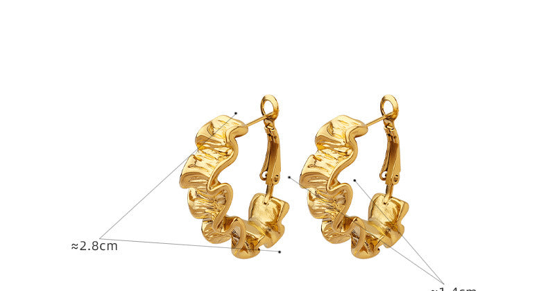 Steel Color Geometric Wrinkled Texture Hoop Earrings, Hypoallergenic Stainless Steel Jewelry