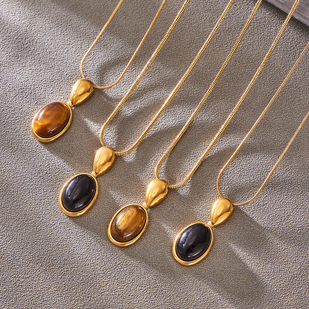 Gold Oval Stone Pendant Necklace set, 316L stainless steel 18K gold plated jewelry