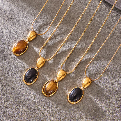 Gold Oval Stone Pendant Necklace set, 316L stainless steel 18K gold plated jewelry