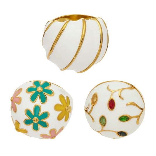 Two Floral Enamel Dome Rings with Different Flower Patterns, 316L Stainless Steel 18K Gold Plated, Waterproof Wholesale Jewelry