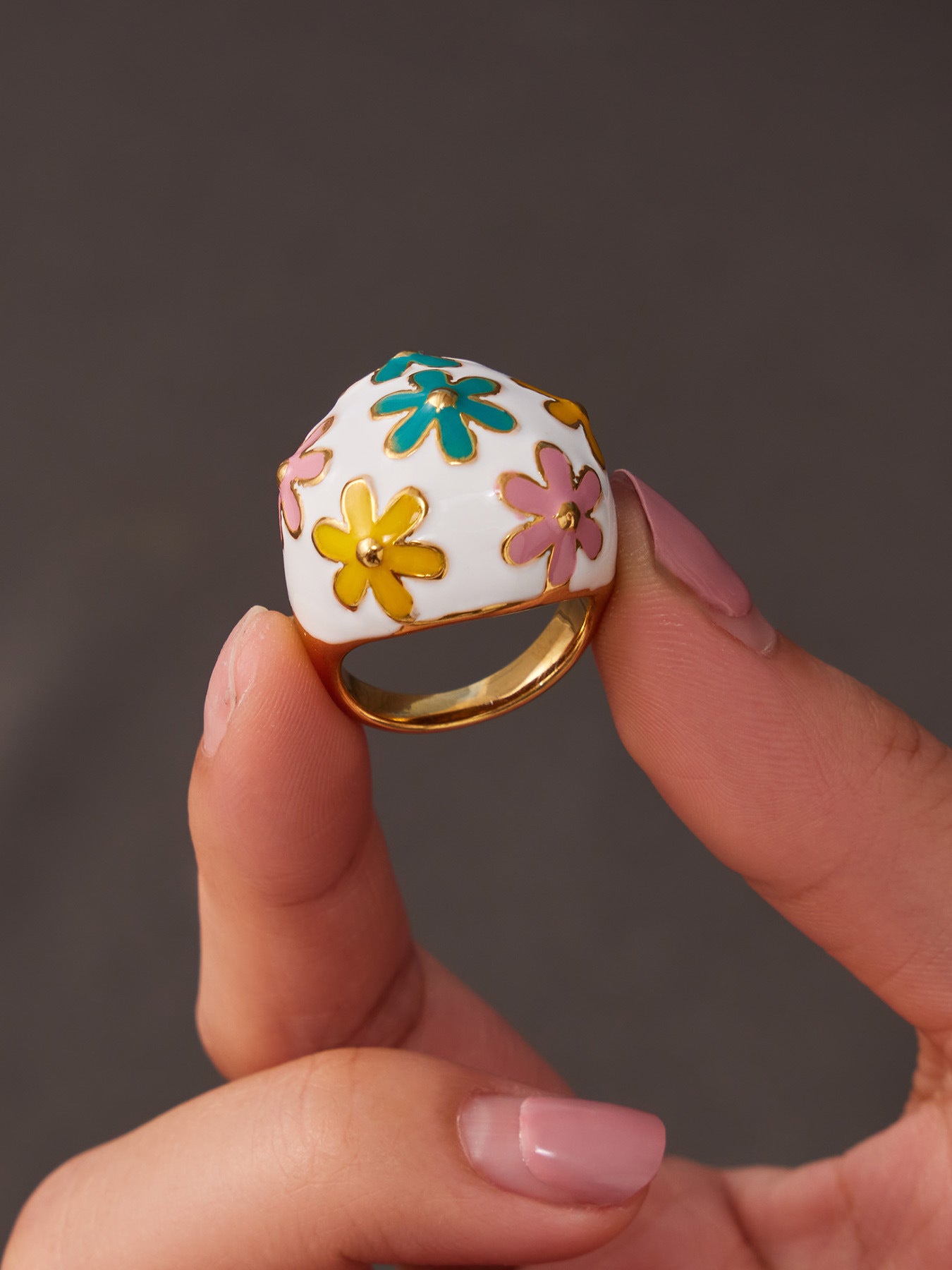 Woman Wearing Floral Enamel Dome Ring with Colorful Flower Details, 316L Stainless Steel 18K Gold Plated Chunky Statement Jewelry
