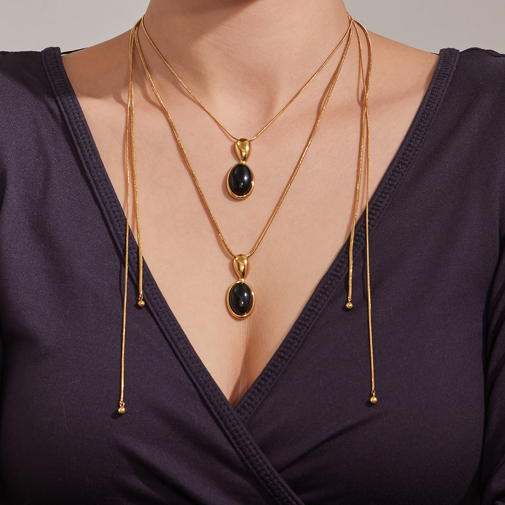 18K Gold PVD Oval Stone Pendant Necklace worn on neck, European style stainless steel jewelry