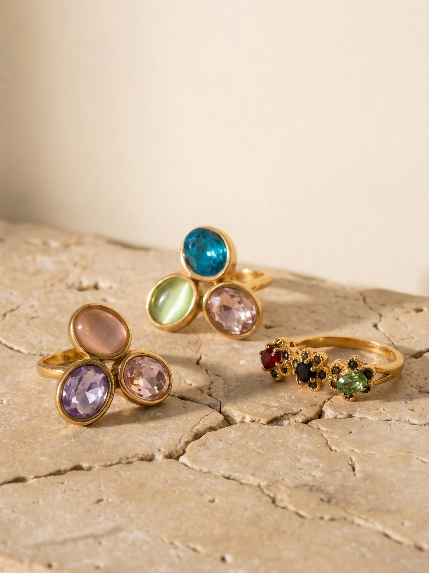 Multi-Color Glass Crystal Rings detail, 316L stainless steel hypoallergenic jewelry