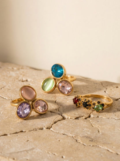 Multi-Color Glass Crystal Rings detail, 316L stainless steel hypoallergenic jewelry