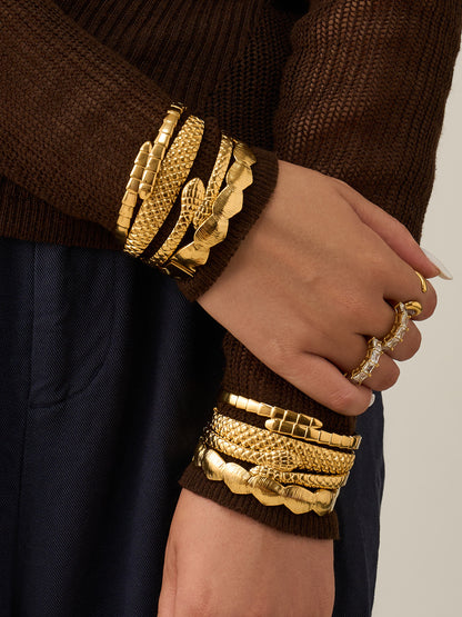 Texture Open Cuff Bangle worn on wrist, 18K gold plated stainless steel jewelry