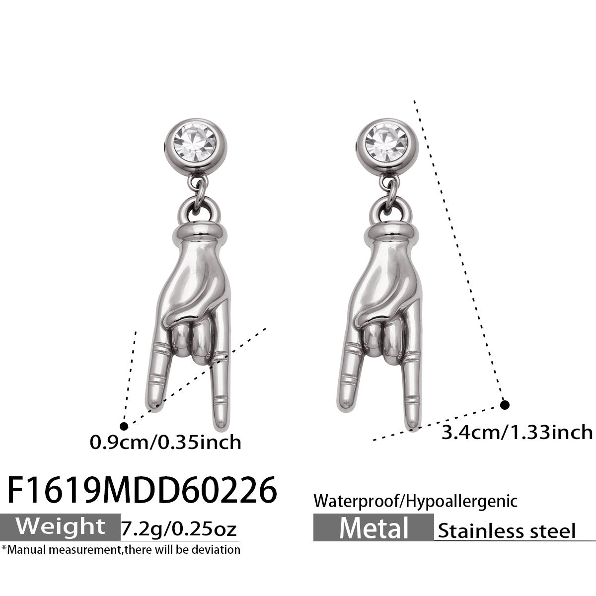 316L Stainless Steel Hand Gesture Dangle Earrings, 5A zircon hypoallergenic jewelry