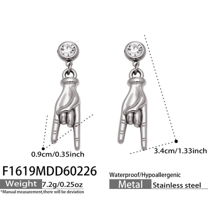 316L Stainless Steel Hand Gesture Dangle Earrings, 5A zircon hypoallergenic jewelry