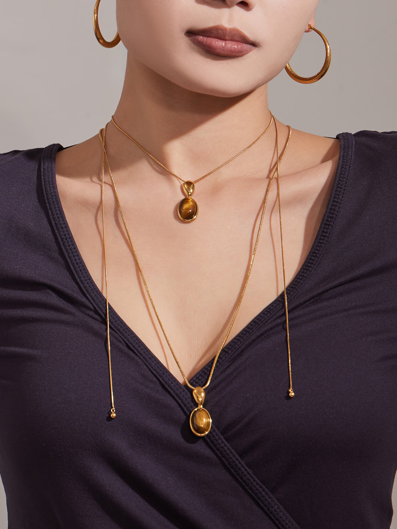 French Vintage Oval Stone Pendant Necklace, 316L stainless steel long sweater chain