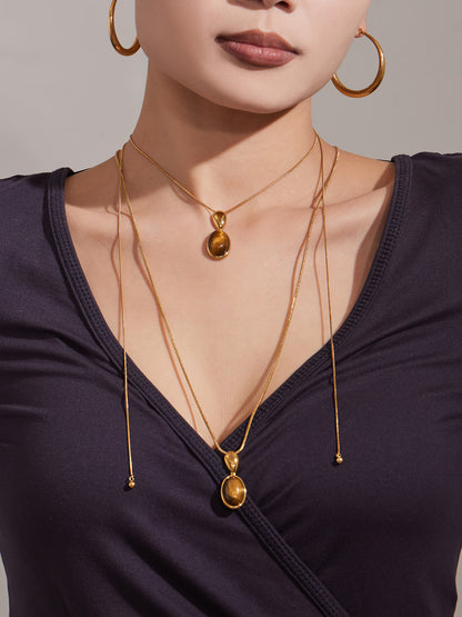 French Vintage Oval Stone Pendant Necklace, 316L stainless steel long sweater chain