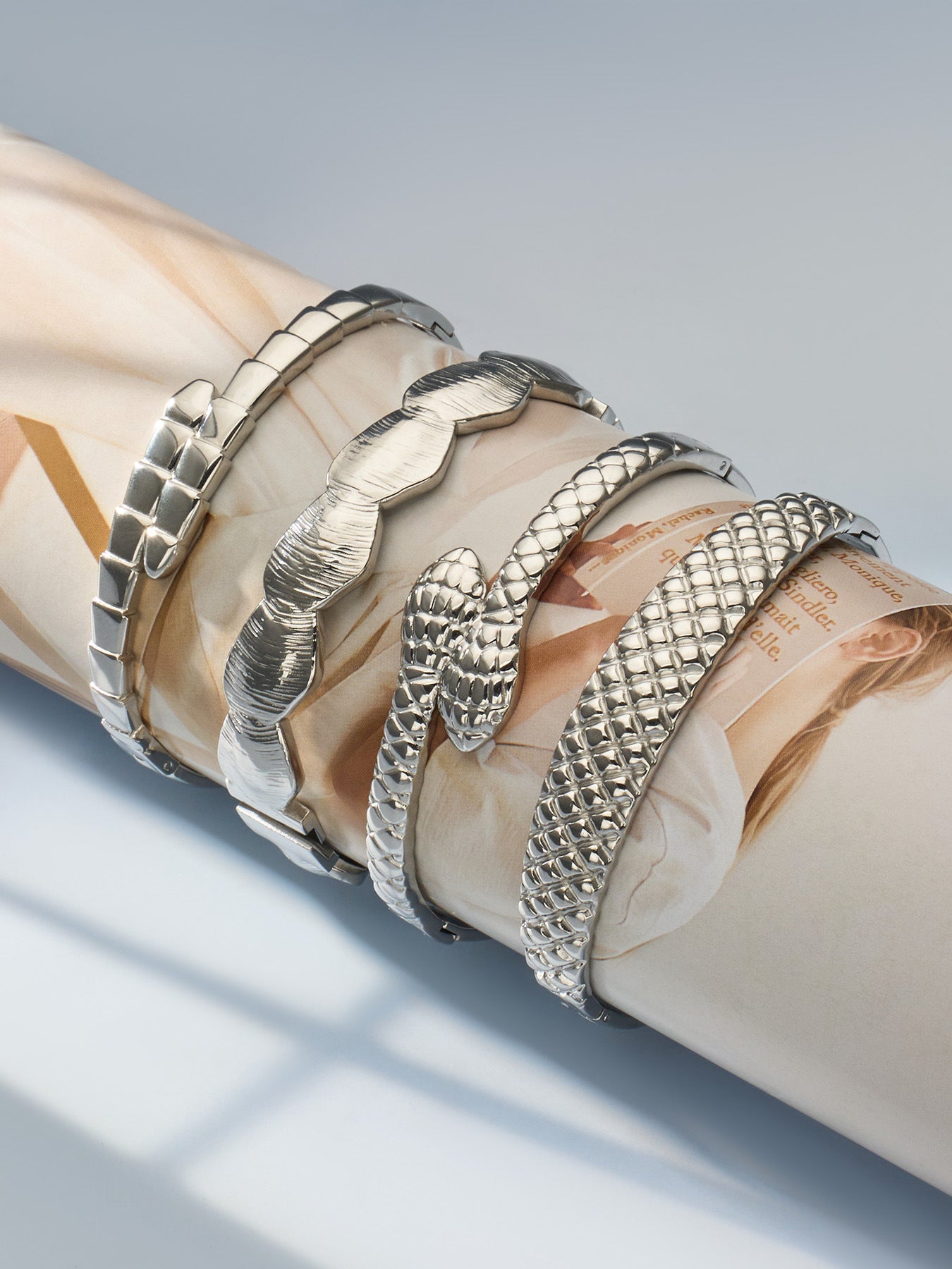 18K Gold PVD Texture Bangle worn on wrist, European style stainless steel jewelry