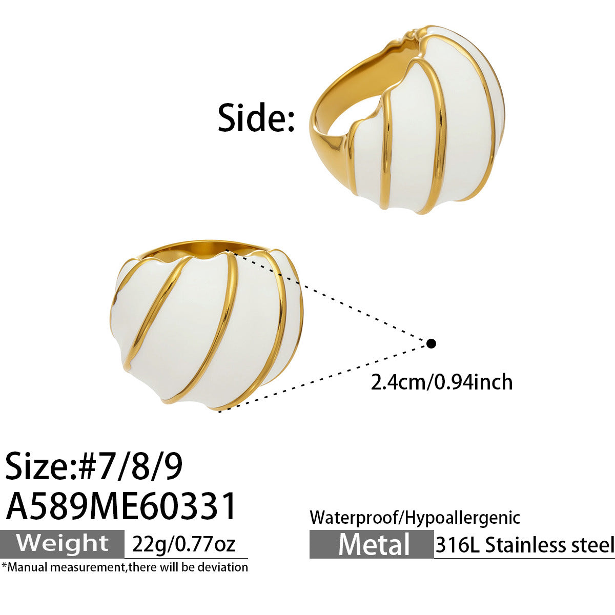 White Enamel & Gold Stripe Dome Ring Size Chart, 316L Stainless Steel 18K Gold Plated Chunky Ring Dimensions, Wholesale Jewelry Specs