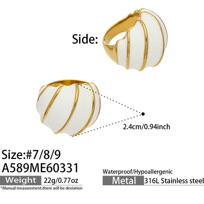 White Enamel & Gold Stripe Dome Ring Size Chart, 316L Stainless Steel 18K Gold Plated Chunky Ring Dimensions, Wholesale Jewelry Specs