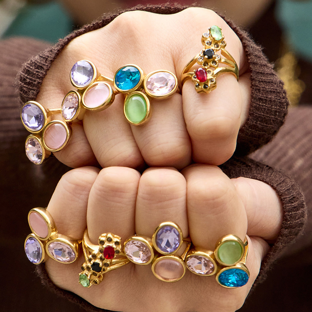 18K Gold PVD Multi-Color Crystal Stacking Rings, hypoallergenic stainless steel jewelry