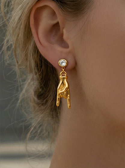 316L Stainless Steel 5A Zircon Hand Gesture Dangle Earrings, trendy unique jewelry for women
