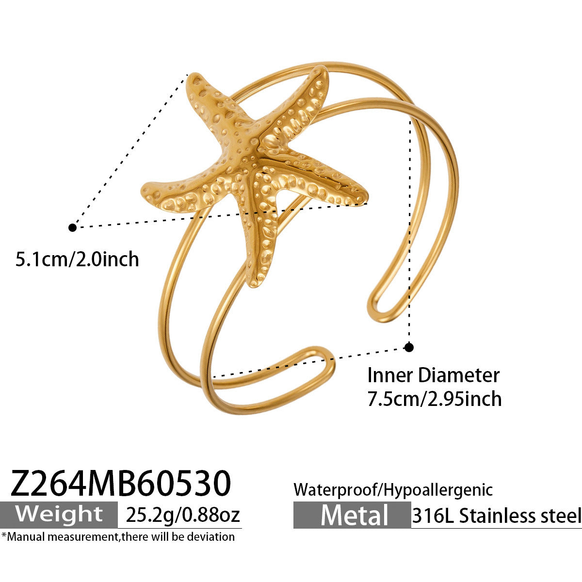 316L Stainless Steel 18K Gold PVD Ocean Star Sea Shell Bracelet - Ocean Star, Seashell, Summer Bracelet Wholesale Stainless Steel Jewelry - Sensitive Skin Friendly - Detail 10