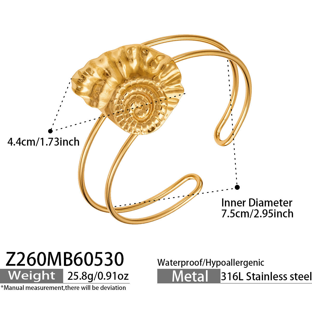 316L Stainless Steel 18K Gold PVD Ocean Star Sea Shell Bracelet - Ocean Star, Seashell, Summer Bracelet Wholesale Stainless Steel Jewelry - Sensitive Skin Friendly - Detail 5