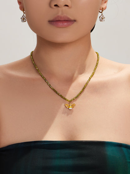 316L Stainless Steel 18K Gold PVD Olive Green Faceted Zircon Bee Pendant Necklace - Olive Green Faceted Zircon Bee Pendant Necklace Wholesale Stainless Steel Jewelry - Sensitive Skin Friendly - Detail 1