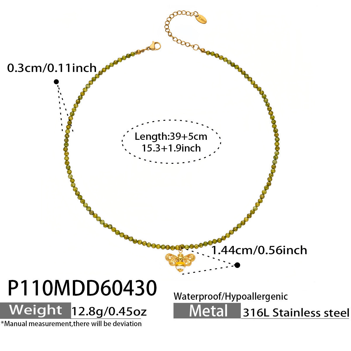 316L Stainless Steel 18K Gold PVD Olive Green Faceted Zircon Bee Pendant Necklace - Olive Green Faceted Zircon Bee Pendant Necklace Wholesale Stainless Steel Jewelry - Sensitive Skin Friendly - Detail 11
