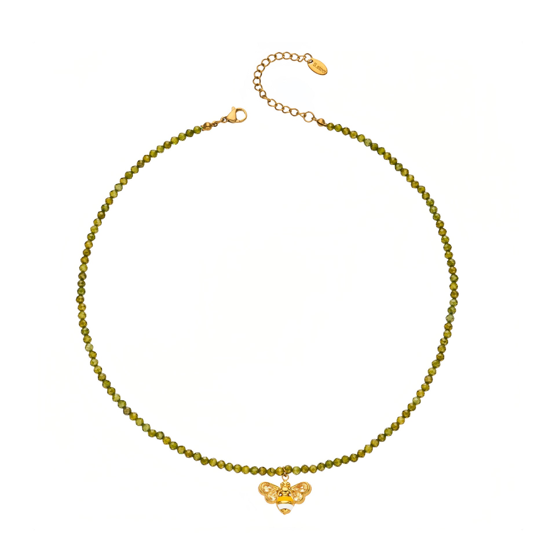 316L Stainless Steel 18K Gold PVD Olive Green Faceted Zircon Bee Pendant Necklace - Olive Green Faceted Zircon Bee Pendant Necklace Wholesale Stainless Steel Jewelry - Sensitive Skin Friendly - Detail 12