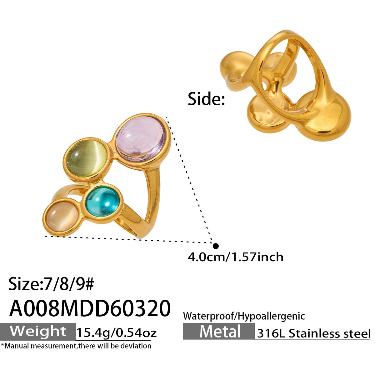 316L Stainless Steel 18K Gold PVD Open Hollow Cat Eye Stone Ring - Open Hollow Cat Eye Stone Gold Ring Wholesale Stainless Steel Jewelry - Sensitive Skin Friendly - Detail 1