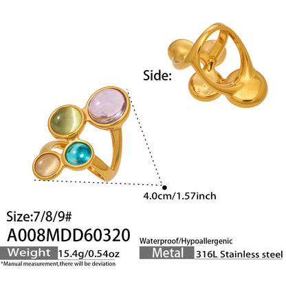 316L Stainless Steel 18K Gold PVD Open Hollow Cat Eye Stone Ring - Open Hollow Cat Eye Stone Gold Ring Wholesale Stainless Steel Jewelry - Sensitive Skin Friendly - Detail 1