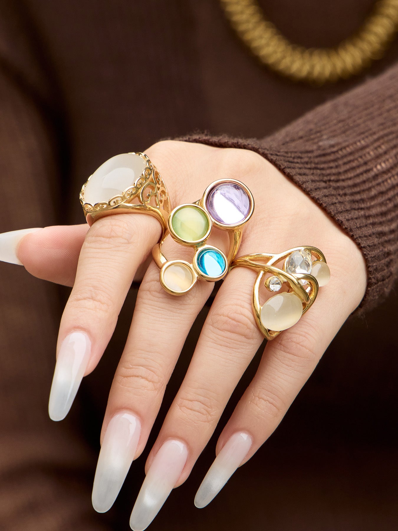 316L Stainless Steel 18K Gold PVD Open Hollow Cat Eye Stone Ring - Open Hollow Cat Eye Stone Gold Ring Wholesale Stainless Steel Jewelry - Sensitive Skin Friendly - Detail 11