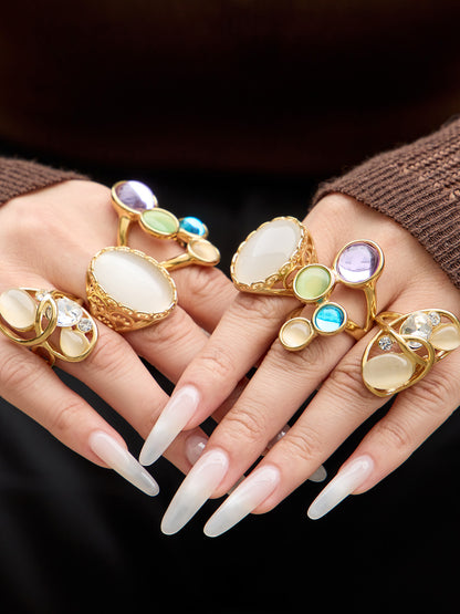 316L Stainless Steel 18K Gold PVD Open Hollow Cat Eye Stone Ring - Open Hollow Cat Eye Stone Gold Ring Wholesale Stainless Steel Jewelry - Sensitive Skin Friendly - Detail 12