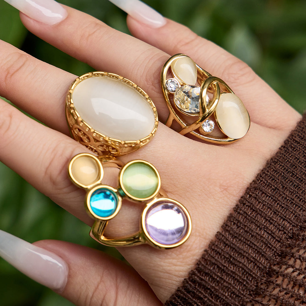316L Stainless Steel 18K Gold PVD Open Hollow Cat Eye Stone Ring - Open Hollow Cat Eye Stone Gold Ring Wholesale Stainless Steel Jewelry - Sensitive Skin Friendly - Detail 18