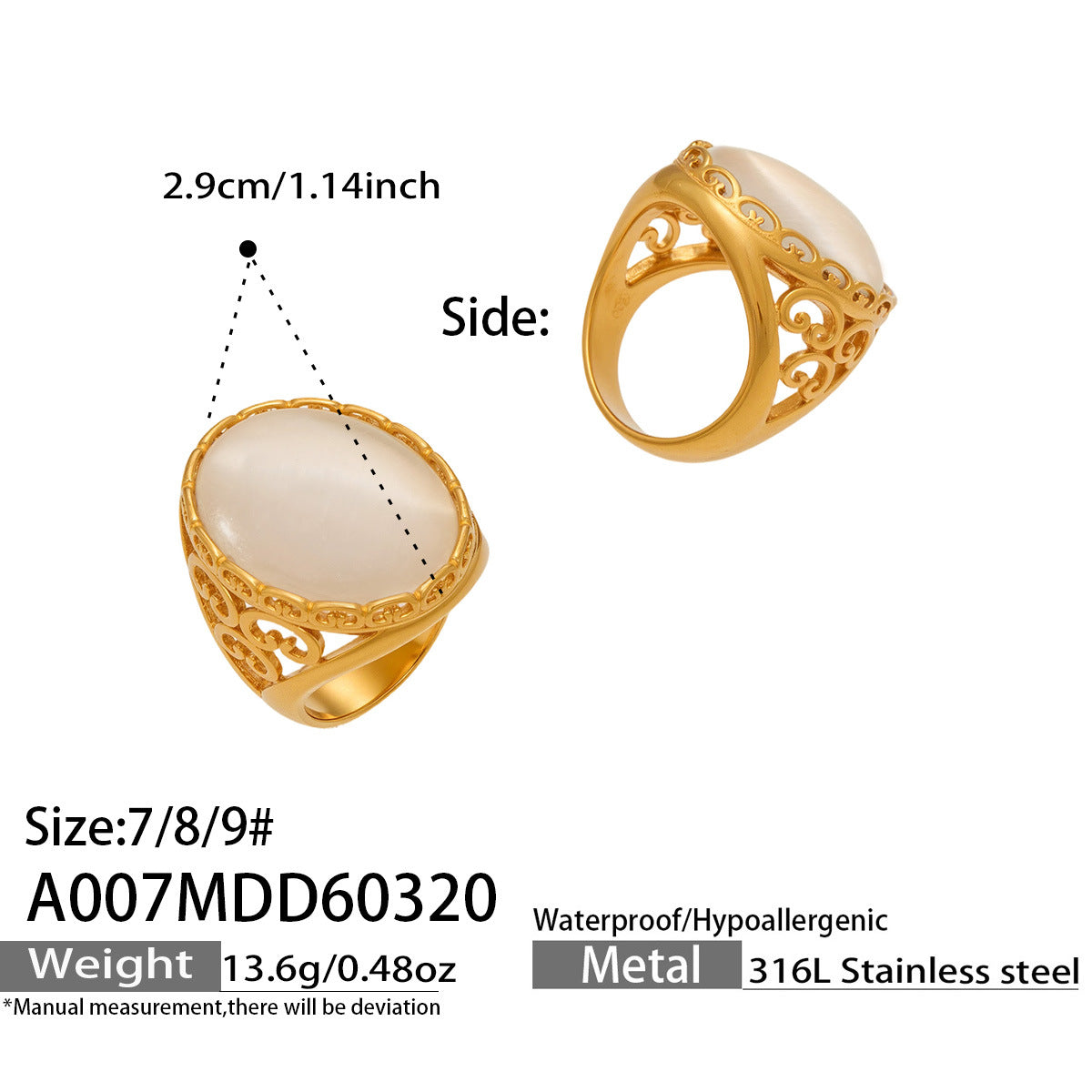 316L Stainless Steel 18K Gold PVD Open Hollow Cat Eye Stone Ring - Open Hollow Cat Eye Stone Gold Ring Wholesale Stainless Steel Jewelry - Sensitive Skin Friendly - Detail 19
