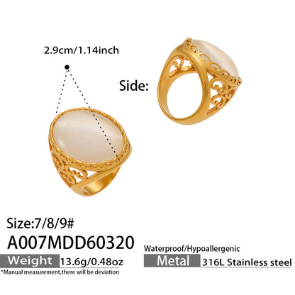 316L Stainless Steel 18K Gold PVD Open Hollow Cat Eye Stone Ring - Open Hollow Cat Eye Stone Gold Ring Wholesale Stainless Steel Jewelry - Sensitive Skin Friendly - Detail 19