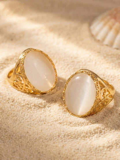316L Stainless Steel 18K Gold PVD Open Hollow Cat Eye Stone Ring - Open Hollow Cat Eye Stone Gold Ring Wholesale Stainless Steel Jewelry - Sensitive Skin Friendly - Detail 2