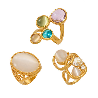 316L Stainless Steel 18K Gold PVD Open Hollow Cat Eye Stone Ring - Open Hollow Cat Eye Stone Gold Ring Wholesale Stainless Steel Jewelry - Sensitive Skin Friendly - Detail 20