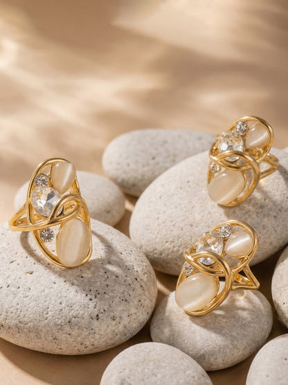 316L Stainless Steel 18K Gold PVD Open Hollow Cat Eye Stone Ring - Open Hollow Cat Eye Stone Gold Ring Wholesale Stainless Steel Jewelry - Sensitive Skin Friendly - Detail 3