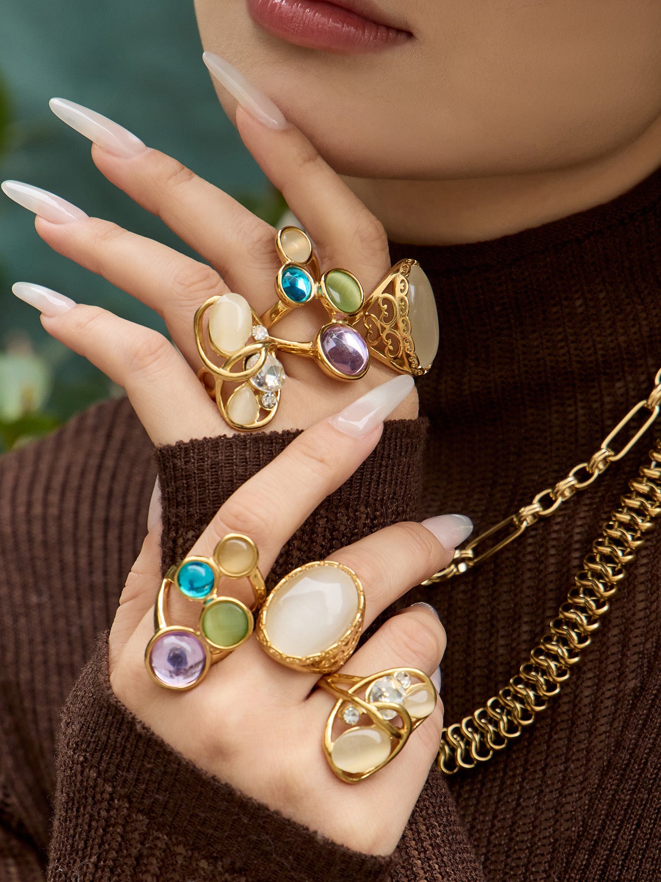 316L Stainless Steel 18K Gold PVD Open Hollow Cat Eye Stone Ring - Open Hollow Cat Eye Stone Gold Ring Wholesale Stainless Steel Jewelry - Sensitive Skin Friendly - Detail 4