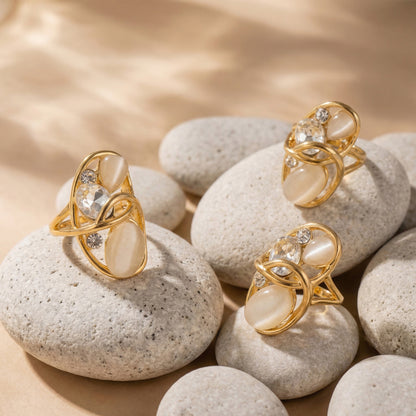 316L Stainless Steel 18K Gold PVD Open Hollow Cat Eye Stone Ring - Open Hollow Cat Eye Stone Gold Ring Wholesale Stainless Steel Jewelry - Sensitive Skin Friendly - Detail 6