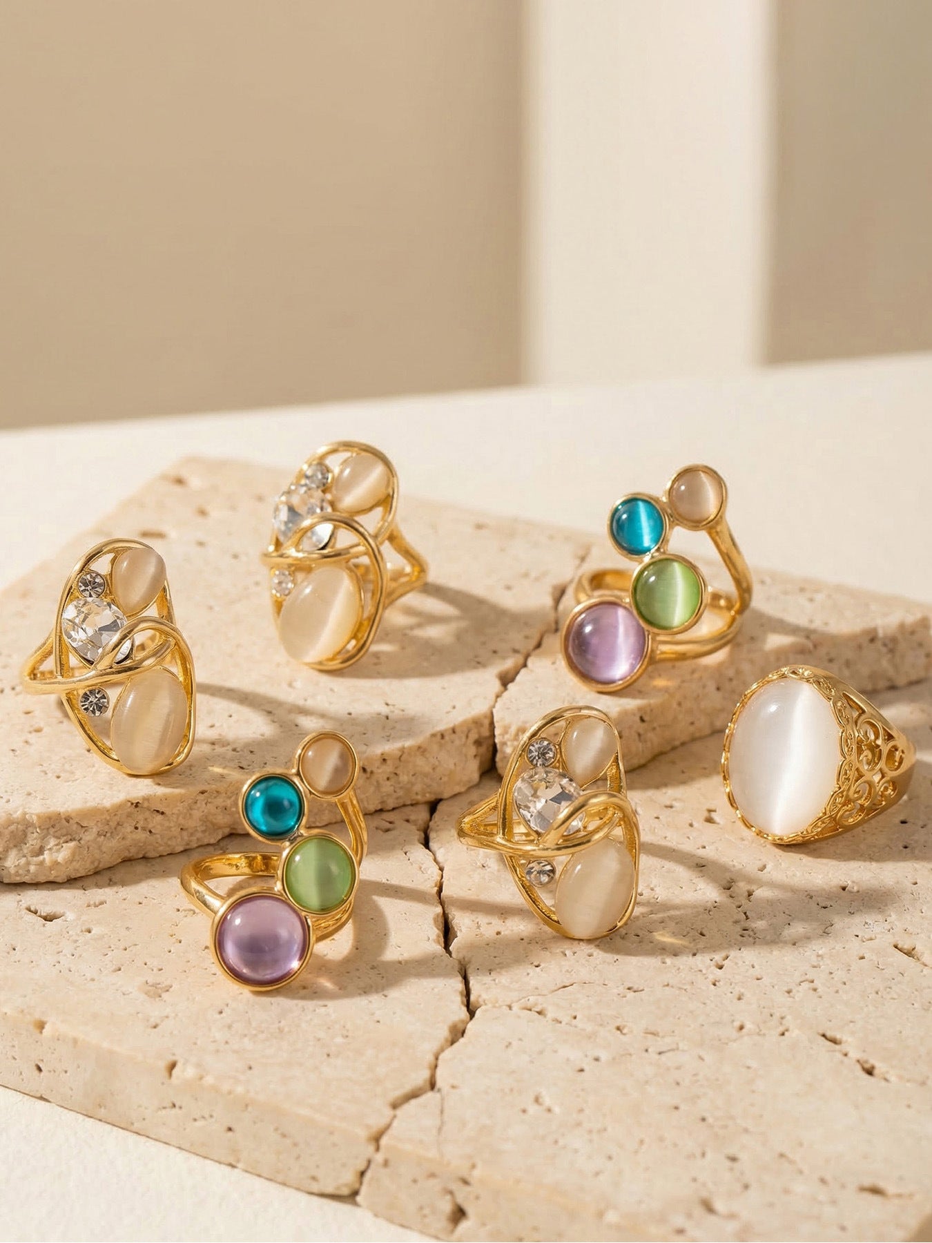 316L Stainless Steel 18K Gold PVD Open Hollow Cat Eye Stone Ring - Open Hollow Cat Eye Stone Gold Ring Wholesale Stainless Steel Jewelry - Sensitive Skin Friendly - Detail 7