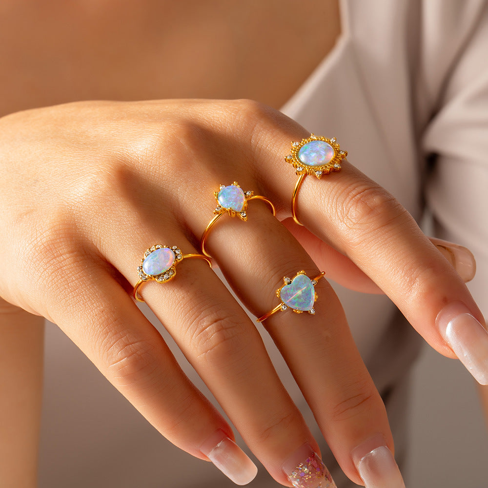 316L Stainless Steel 18K Gold PVD Open Ring with Elliptical, Teardrop and Round Gemstone-Inspired Design - Gold Open Ring Elliptical Teardrop Round Gemstone-Inspired Wholesale Stainless Steel Jewelry - Sensitive Skin Friendly - Detail 4