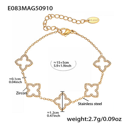 316L Stainless Steel 18K Gold PVD Paved Zircon Four Leaf Clover & Geometric Bracelet - Paved Zircon, Four Leaf Clover, Geometric Sun, Gold Bracelet, Delicate, Elegant Wholesale Stainless Steel Jewelry - Sensitive Skin Friendly - Detail 1