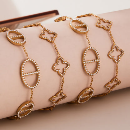 316L Stainless Steel 18K Gold PVD Paved Zircon Four Leaf Clover & Geometric Bracelet - Paved Zircon, Four Leaf Clover, Geometric Sun, Gold Bracelet, Delicate, Elegant Wholesale Stainless Steel Jewelry - Sensitive Skin Friendly - Detail 10