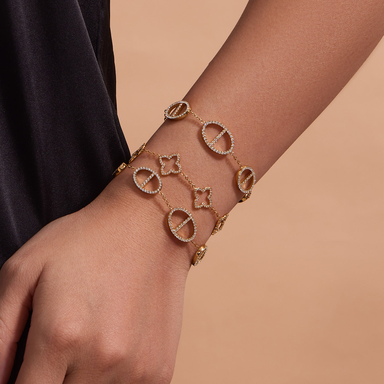316L Stainless Steel 18K Gold PVD Paved Zircon Four Leaf Clover & Geometric Bracelet - Paved Zircon, Four Leaf Clover, Geometric Sun, Gold Bracelet, Delicate, Elegant Wholesale Stainless Steel Jewelry - Sensitive Skin Friendly - Detail 12