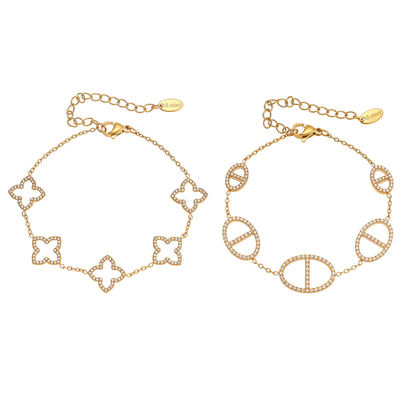 316L Stainless Steel 18K Gold PVD Paved Zircon Four Leaf Clover & Geometric Bracelet - Paved Zircon, Four Leaf Clover, Geometric Sun, Gold Bracelet, Delicate, Elegant Wholesale Stainless Steel Jewelry - Sensitive Skin Friendly - Detail 13