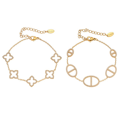 316L Stainless Steel 18K Gold PVD Paved Zircon Four Leaf Clover & Geometric Bracelet - Paved Zircon, Four Leaf Clover, Geometric Sun, Gold Bracelet, Delicate, Elegant Wholesale Stainless Steel Jewelry - Sensitive Skin Friendly - Detail 13
