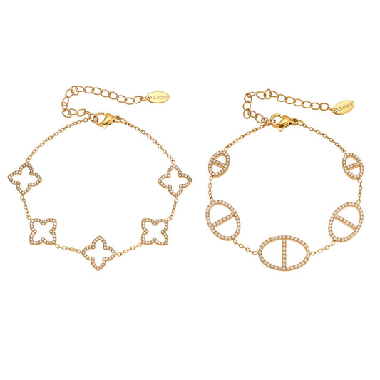 316L Stainless Steel 18K Gold PVD Paved Zircon Four Leaf Clover & Geometric Bracelet - Paved Zircon, Four Leaf Clover, Geometric Sun, Gold Bracelet, Delicate, Elegant Wholesale Stainless Steel Jewelry - Sensitive Skin Friendly - Detail 13