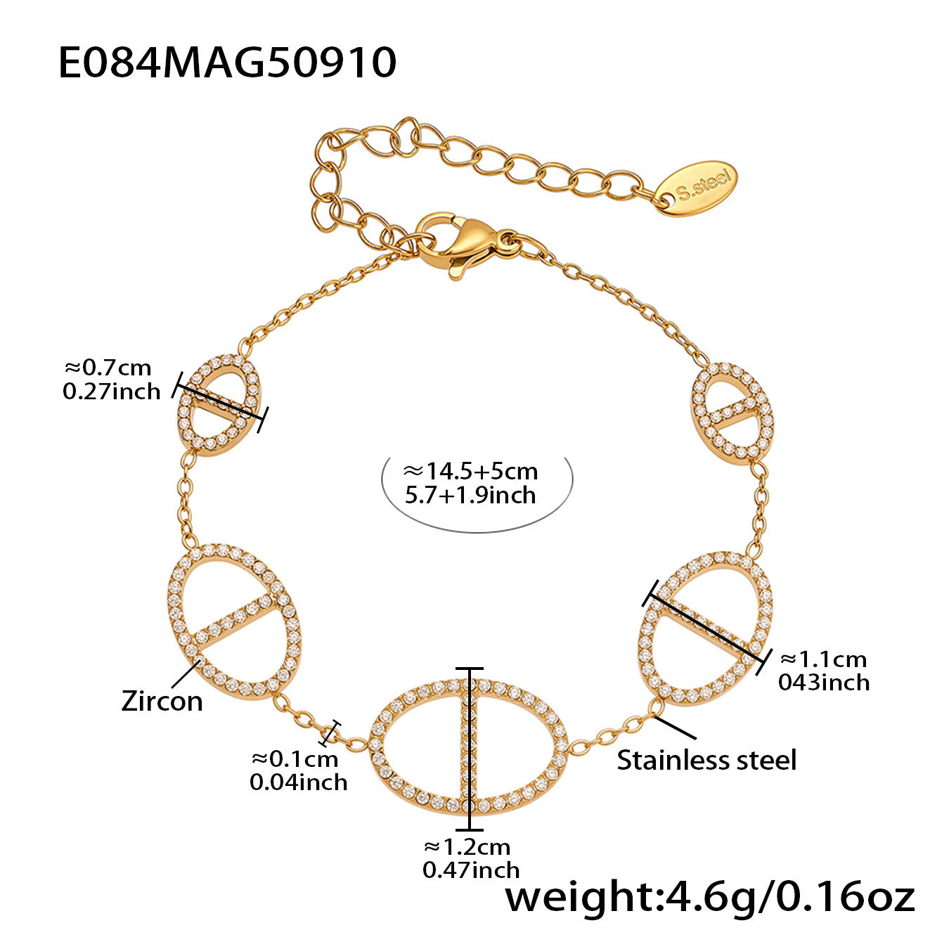 316L Stainless Steel 18K Gold PVD Paved Zircon Four Leaf Clover & Geometric Bracelet - Paved Zircon, Four Leaf Clover, Geometric Sun, Gold Bracelet, Delicate, Elegant Wholesale Stainless Steel Jewelry - Sensitive Skin Friendly - Detail 2