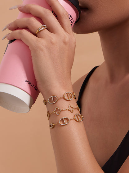 316L Stainless Steel 18K Gold PVD Paved Zircon Four Leaf Clover & Geometric Bracelet - Paved Zircon, Four Leaf Clover, Geometric Sun, Gold Bracelet, Delicate, Elegant Wholesale Stainless Steel Jewelry - Sensitive Skin Friendly - Detail 3