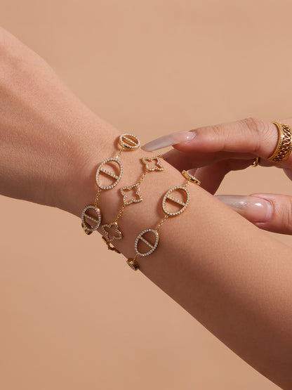 316L Stainless Steel 18K Gold PVD Paved Zircon Four Leaf Clover & Geometric Bracelet - Paved Zircon, Four Leaf Clover, Geometric Sun, Gold Bracelet, Delicate, Elegant Wholesale Stainless Steel Jewelry - Sensitive Skin Friendly - Detail 4