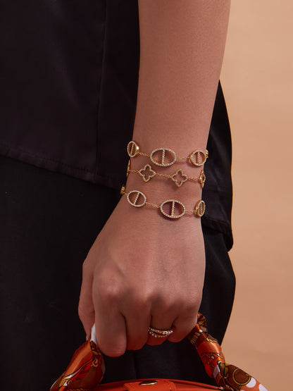 316L Stainless Steel 18K Gold PVD Paved Zircon Four Leaf Clover & Geometric Bracelet - Paved Zircon, Four Leaf Clover, Geometric Sun, Gold Bracelet, Delicate, Elegant Wholesale Stainless Steel Jewelry - Sensitive Skin Friendly - Detail 5
